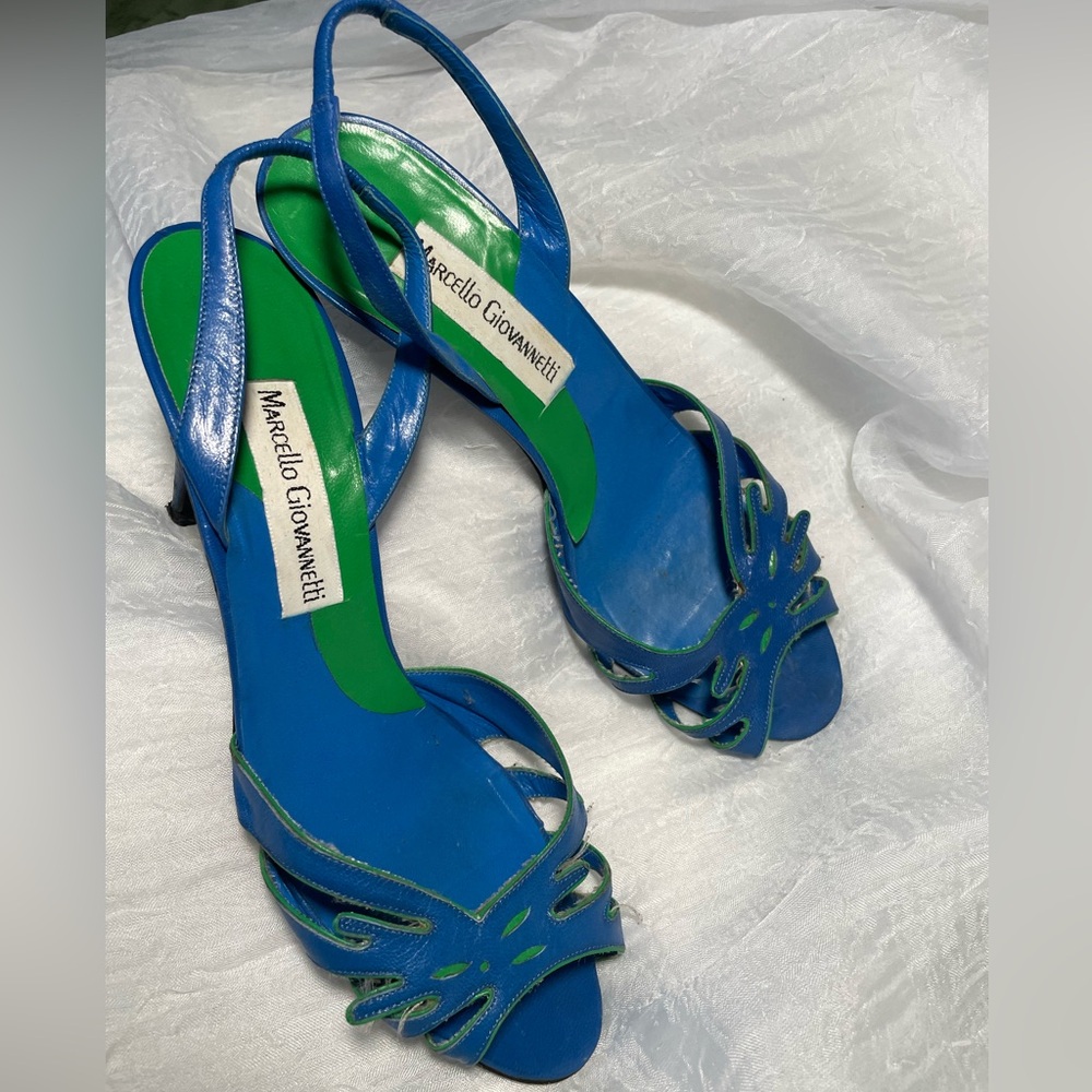 Marcello Giovannetti Italian 80s Style Heels Blue Green Open Toe Low Butterfly
